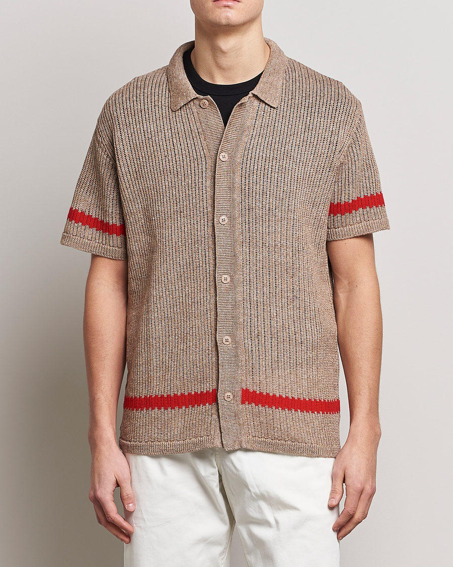 Heren | Overhemden | J.Lindeberg | Sky Knitted Linen/Merino Short Sleeve Shirt Beige