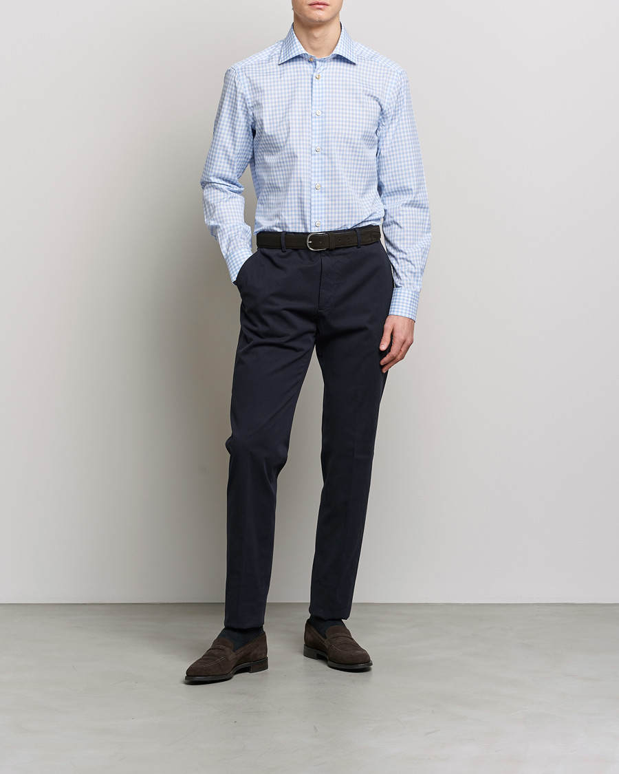Heren | Overhemden | Kiton | Slim Fit Checked Dress Shirt Light Blue