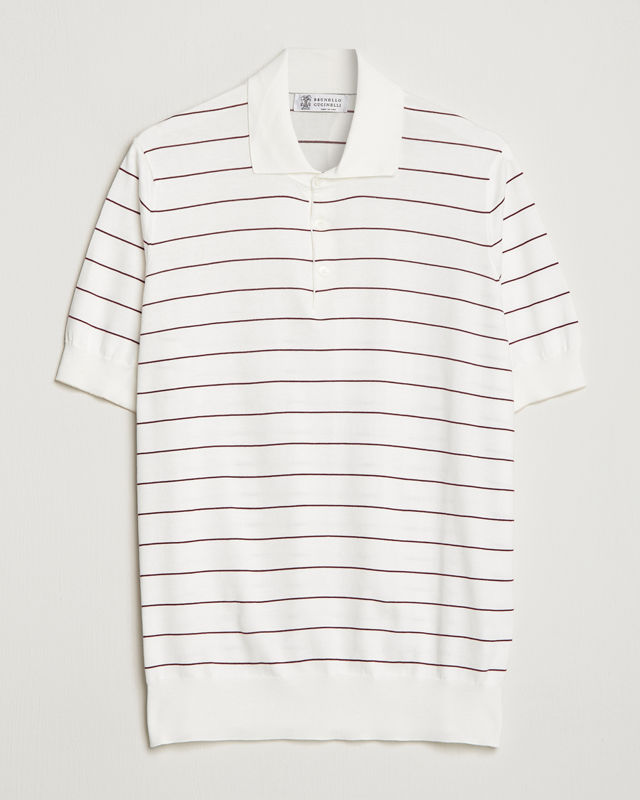 Heren | Polo's | Brunello Cucinelli | Short Sleeve Striped Knitted Polo White/Burgundy