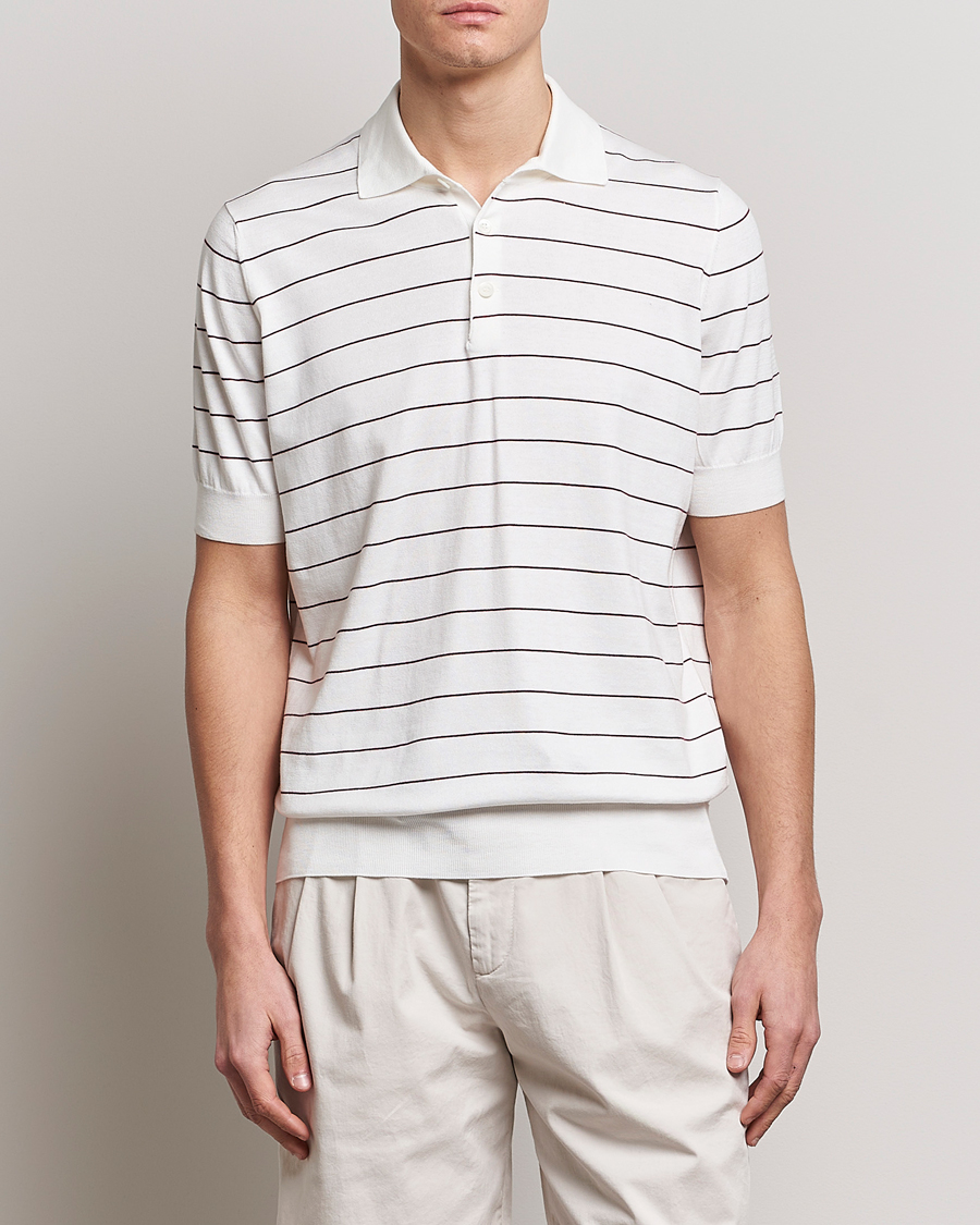Heren | Polo's | Brunello Cucinelli | Short Sleeve Striped Knitted Polo White/Burgundy