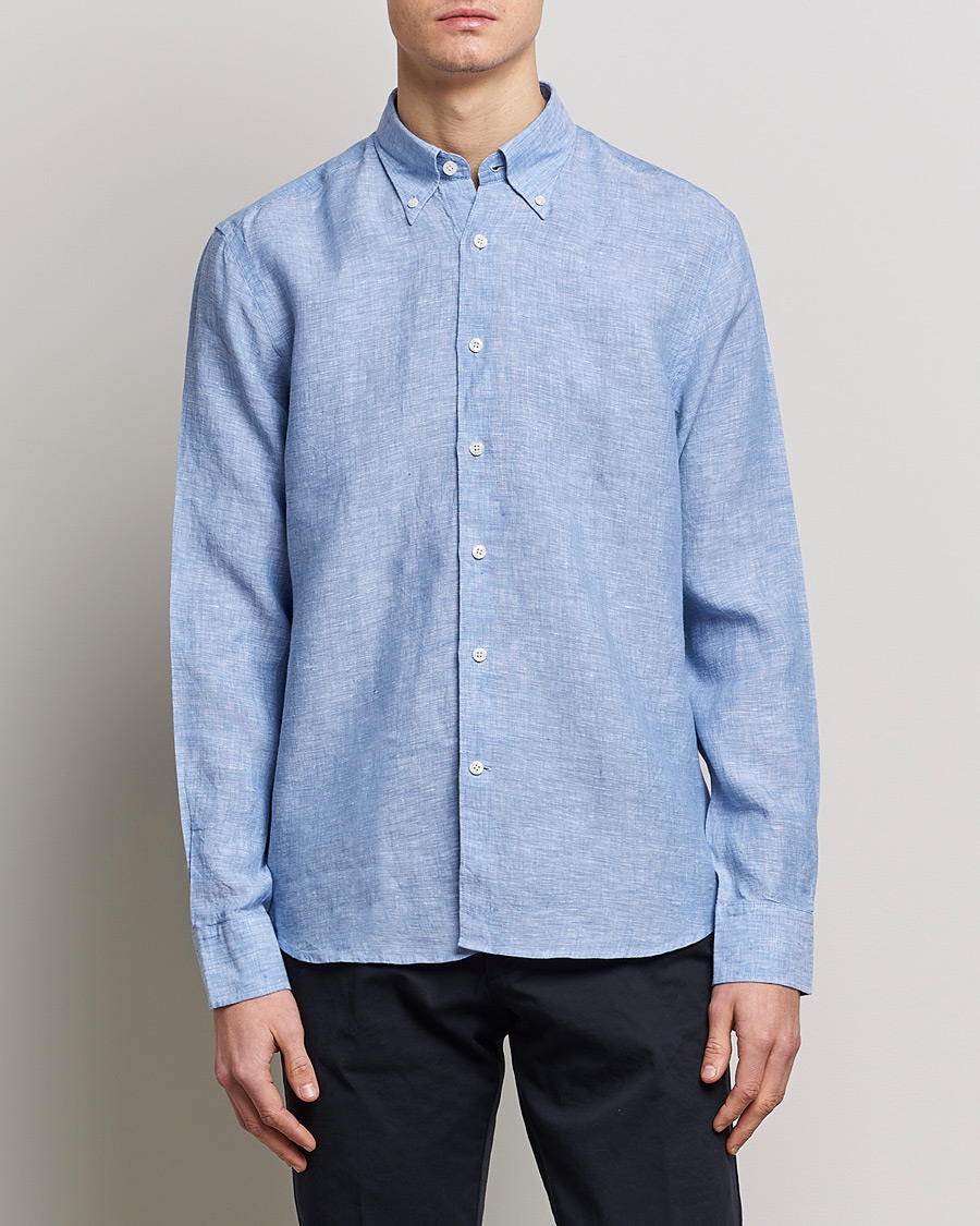 Heren | Overhemden | Oscar Jacobson | Regular Fit Button Down Linen Shirt Blue