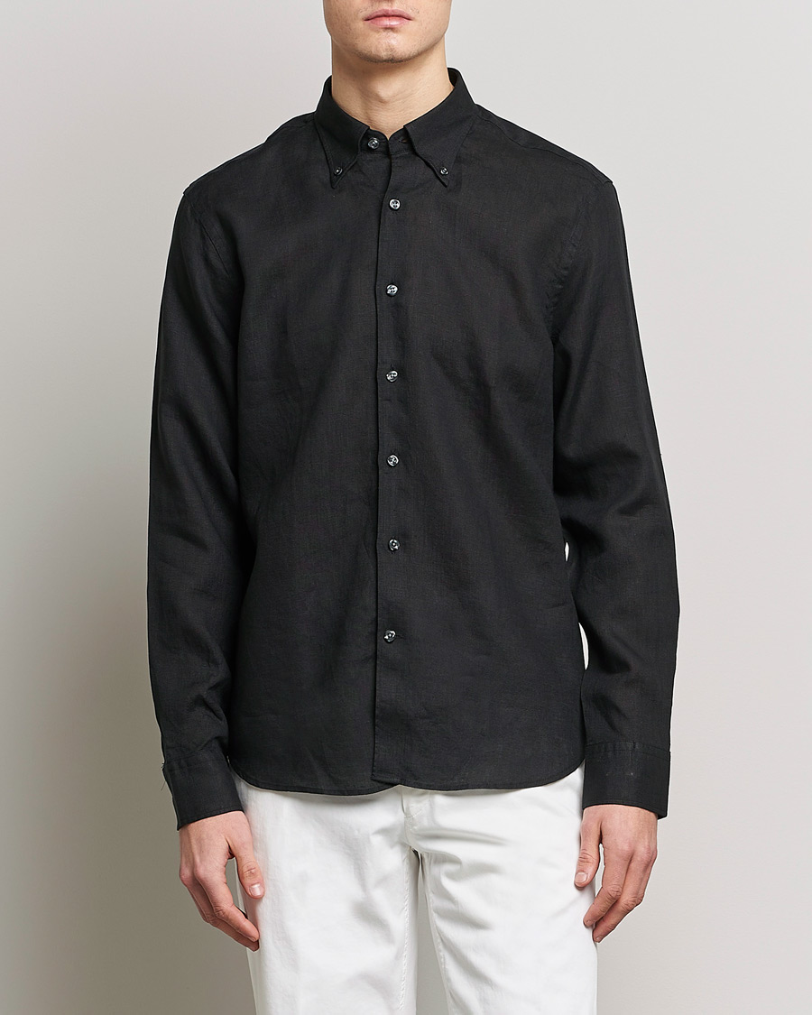 Heren | Linnen overhemden | Oscar Jacobson | Regular Fit Button Down Linen Shirt Black