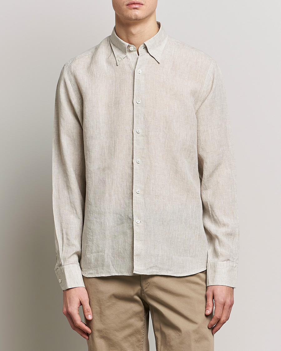 Heren | Casual | Oscar Jacobson | Regular Fit Button Down Linen Shirt Beige