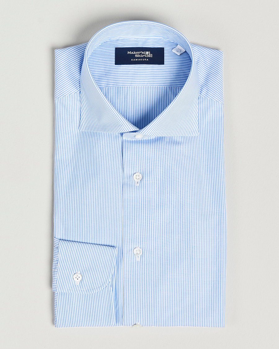 Heren | Overhemden | Kamakura Shirts | Slim Fit Striped Broadcloth Shirt Light Blue