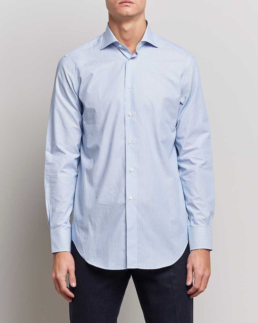 Heren | Overhemden | Kamakura Shirts | Slim Fit Striped Broadcloth Shirt Light Blue