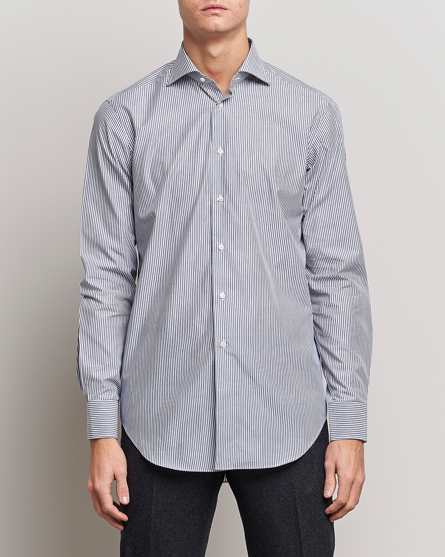 Heren | Overhemden | Kamakura Shirts | Slim Fit Striped Broadcloth Shirt Navy