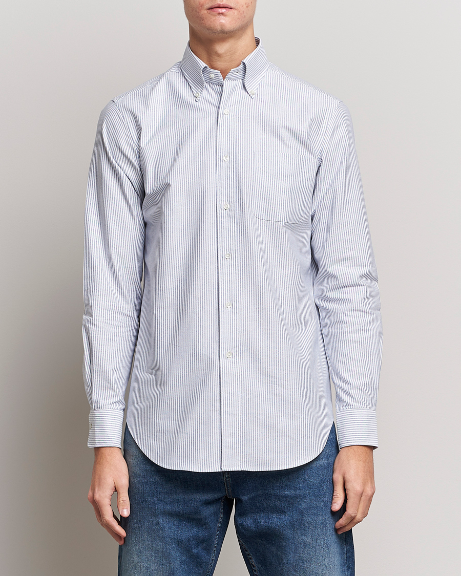 Heren | Overhemden | Kamakura Shirts | Slim Fit Striped Oxford BD Shirt Light Blue