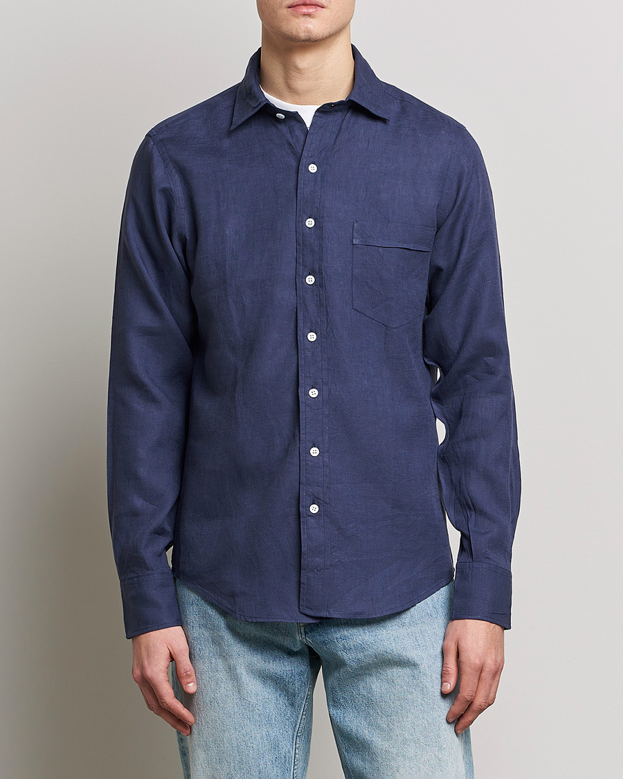 Heren | Overhemden | Drake's | Linen Summer Shirt Navy