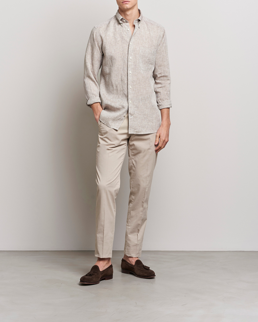 Heren | Overhemden | Eton | Slim Fit Linen Shirt Brown