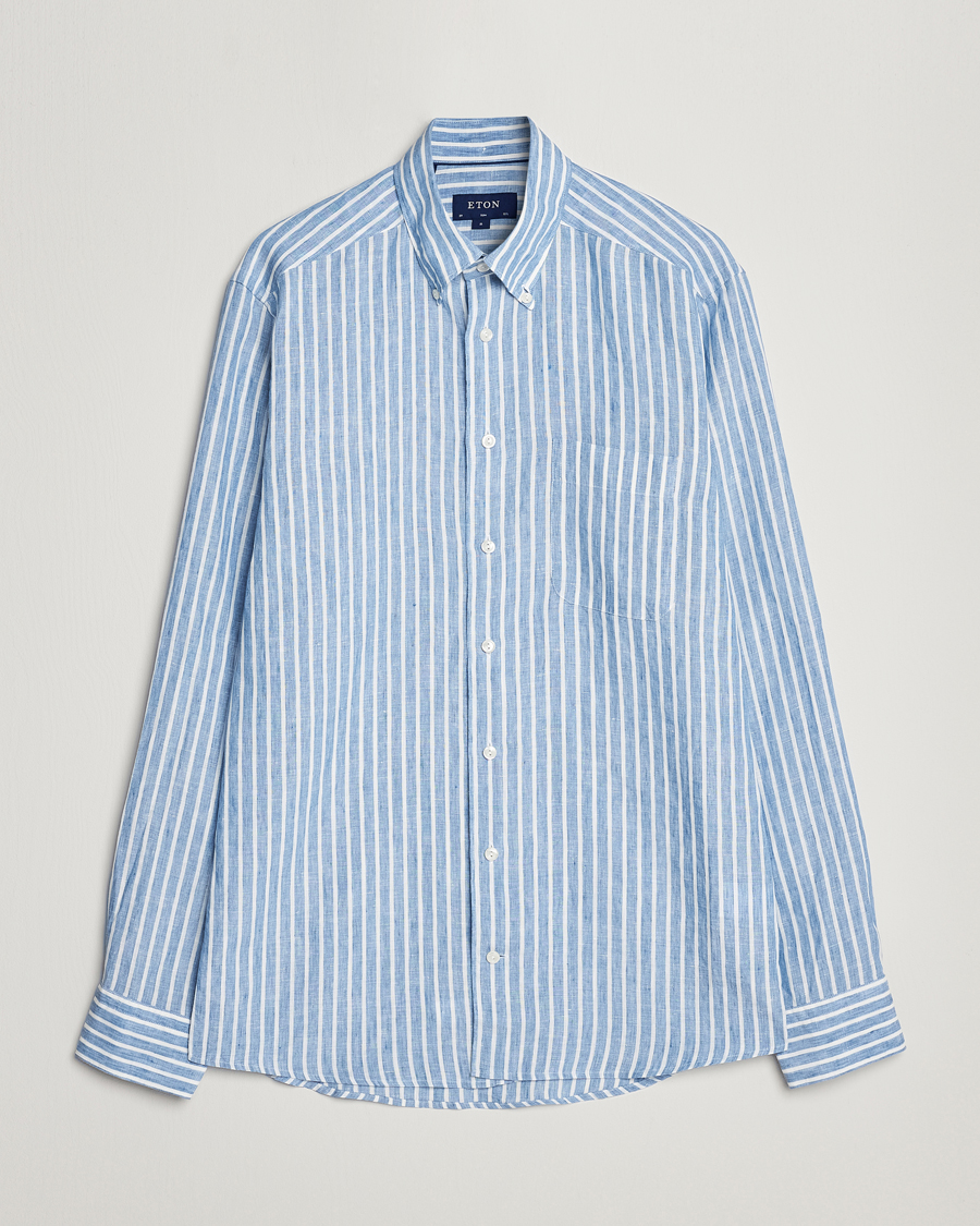 Heren | Overhemden | Eton | Slim Fit Striped Linen Shirt Mid Blue