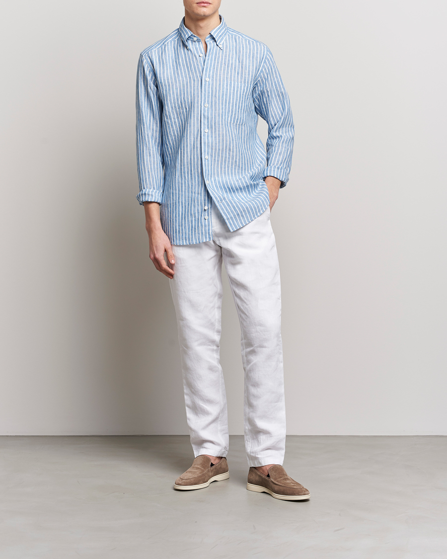 Heren | Overhemden | Eton | Slim Fit Striped Linen Shirt Mid Blue