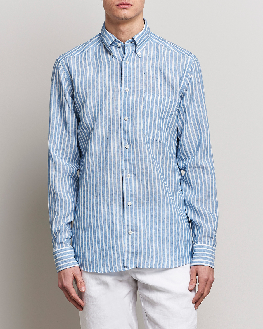 Heren | Overhemden | Eton | Slim Fit Striped Linen Shirt Mid Blue