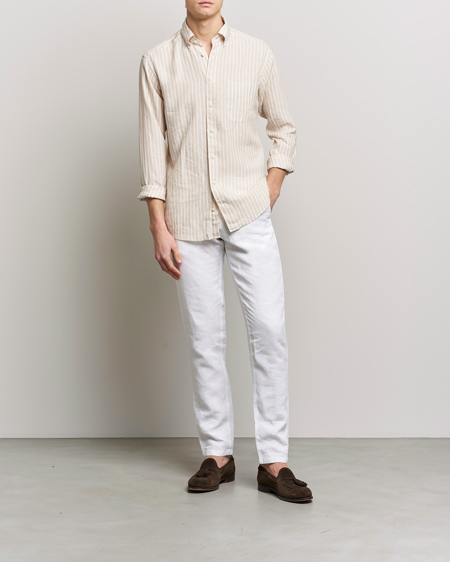 Heren | Overhemden | Eton | Slim Fit Striped Linen Shirt Brown