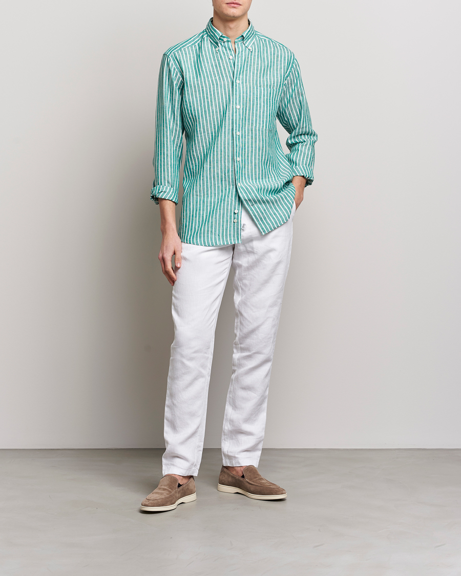 Heren | Overhemden | Eton | Slim Fit Striped Linen Shirt Green