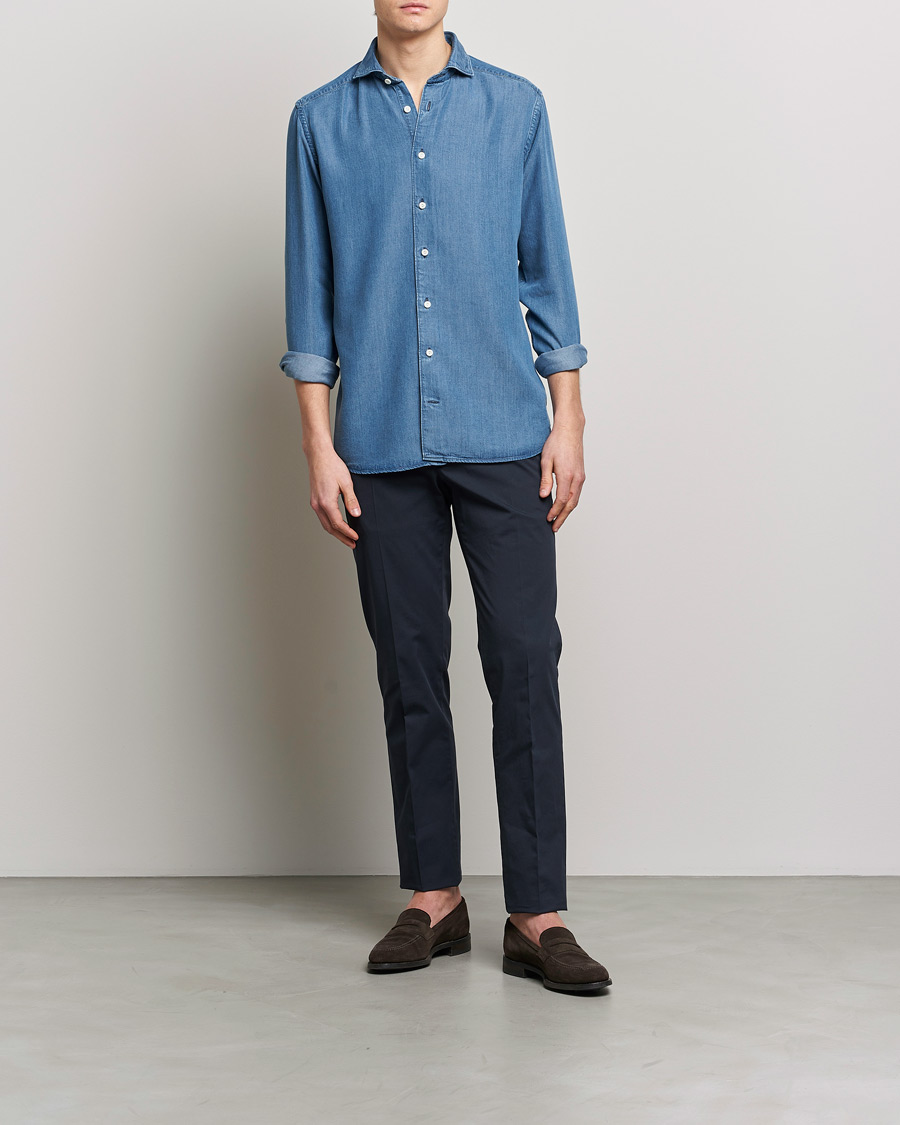 Heren | Overhemden | Eton | Light Denim Tencel Shirt Navy Blue