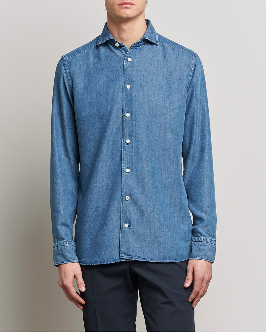 Heren | Overhemden | Eton | Light Denim Tencel Shirt Navy Blue