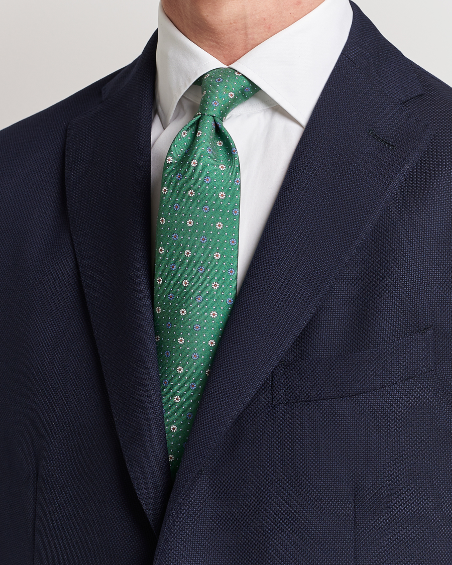 Heren | Canali Printed Flower Silk Tie Green | Canali | Printed Flower Silk Tie Green