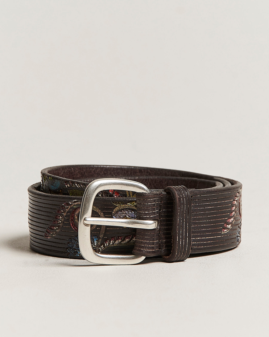 Heren | Orciani Paisley Hand Painted Leather Belt Dark Brown | Orciani | Paisley Hand Painted Leather Belt Dark Brown