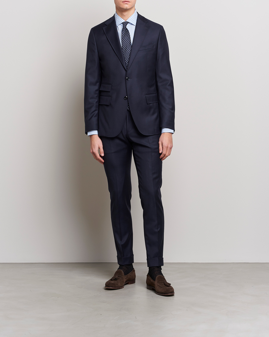 Heren | Overhemden | Mazzarelli | Soft Cotton Cut Away Shirt Blue Stripe