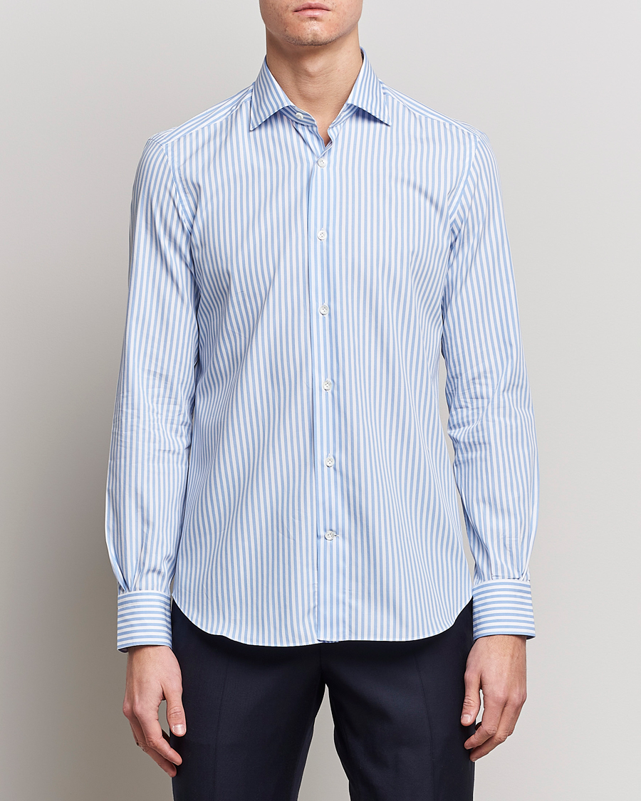 Heren | Afdelingen | Mazzarelli | Soft Cotton Cut Away Shirt Blue Stripe