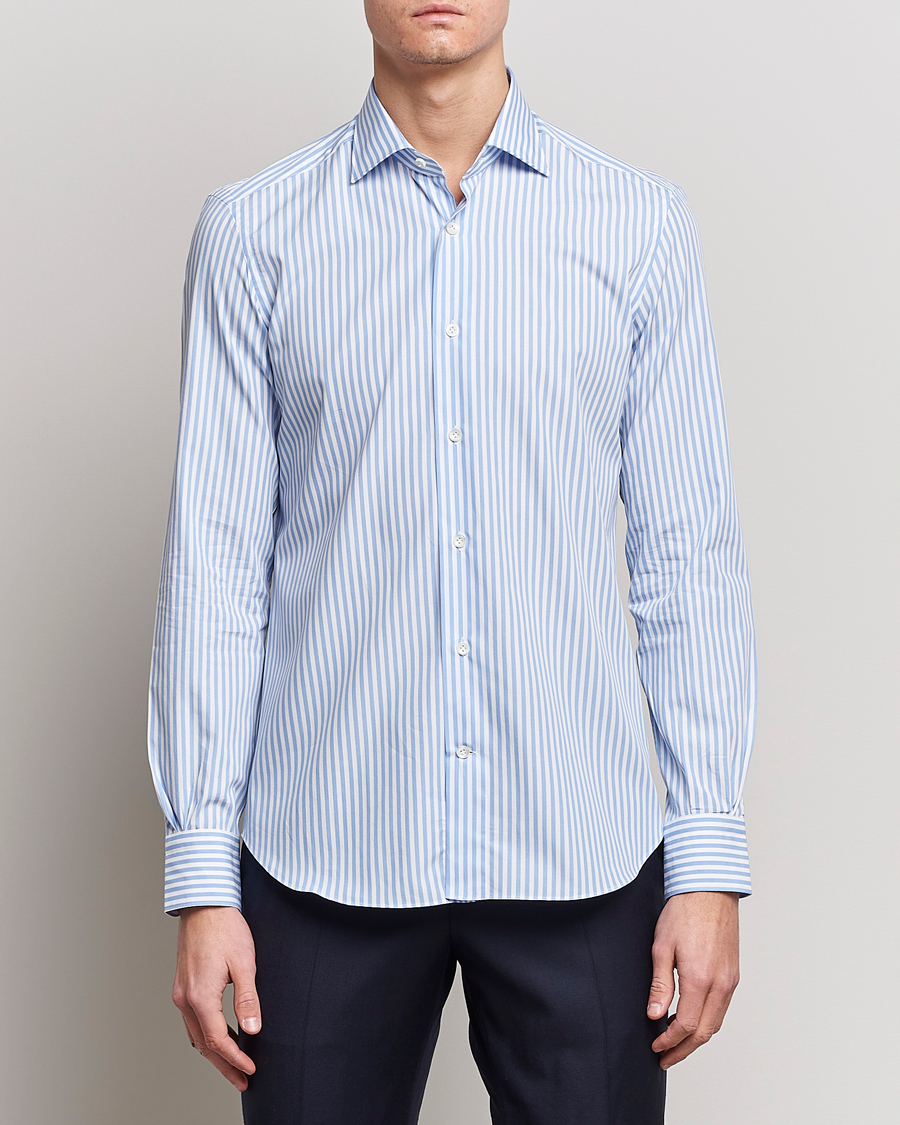 Heren | Casual | Mazzarelli | Soft Cotton Cut Away Shirt Blue Stripe