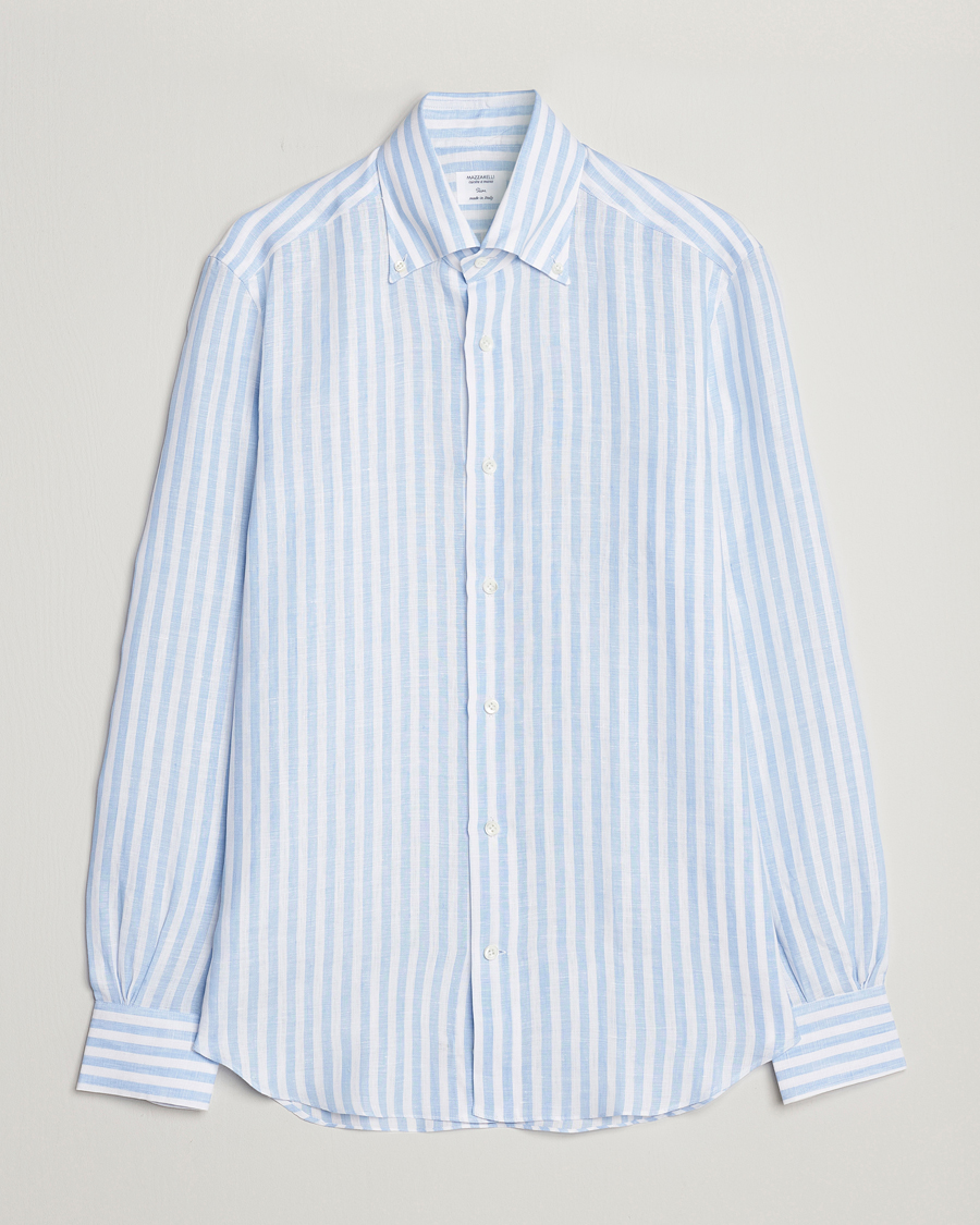 Heren | Overhemden | Mazzarelli | Soft Linen Button Down Shirt Light Blue Stripe