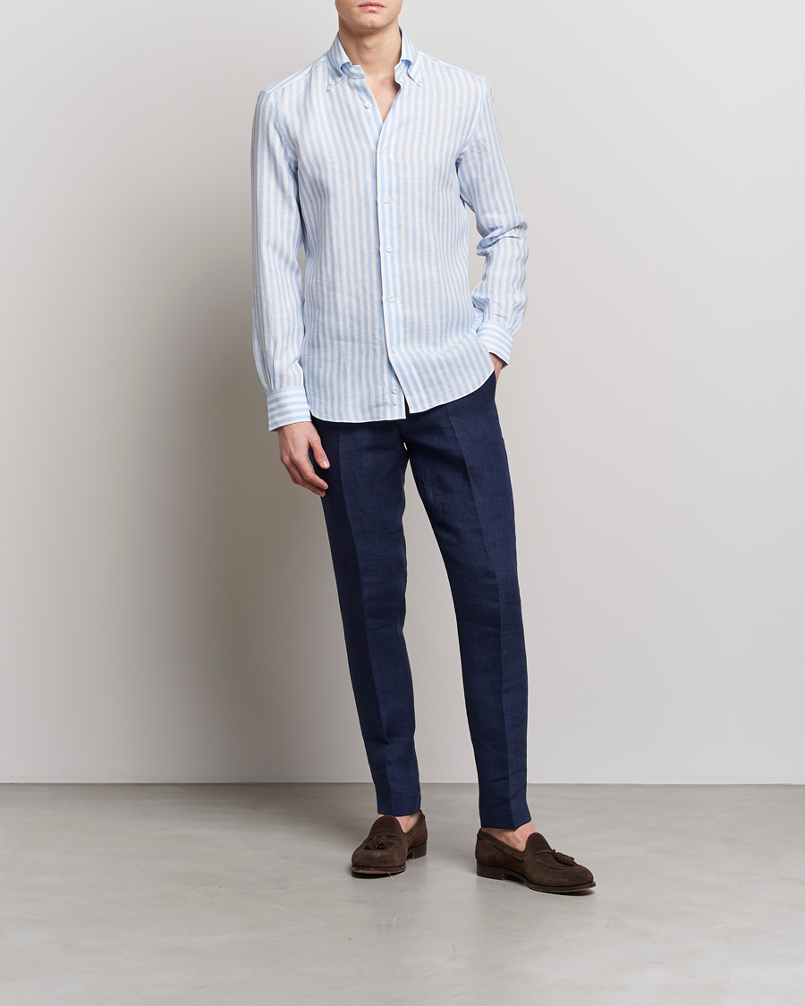Heren | Overhemden | Mazzarelli | Soft Linen Button Down Shirt Light Blue Stripe