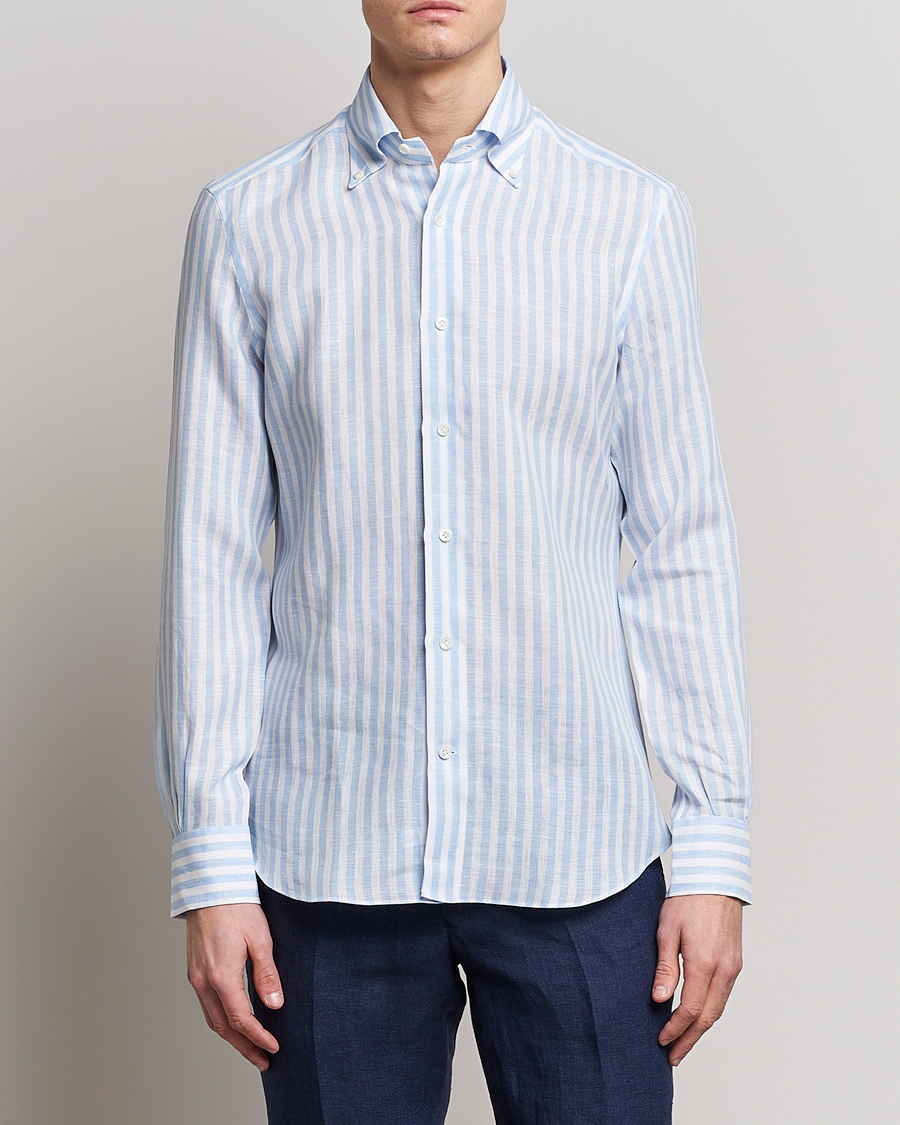 Heren | Overhemden | Mazzarelli | Soft Linen Button Down Shirt Light Blue Stripe