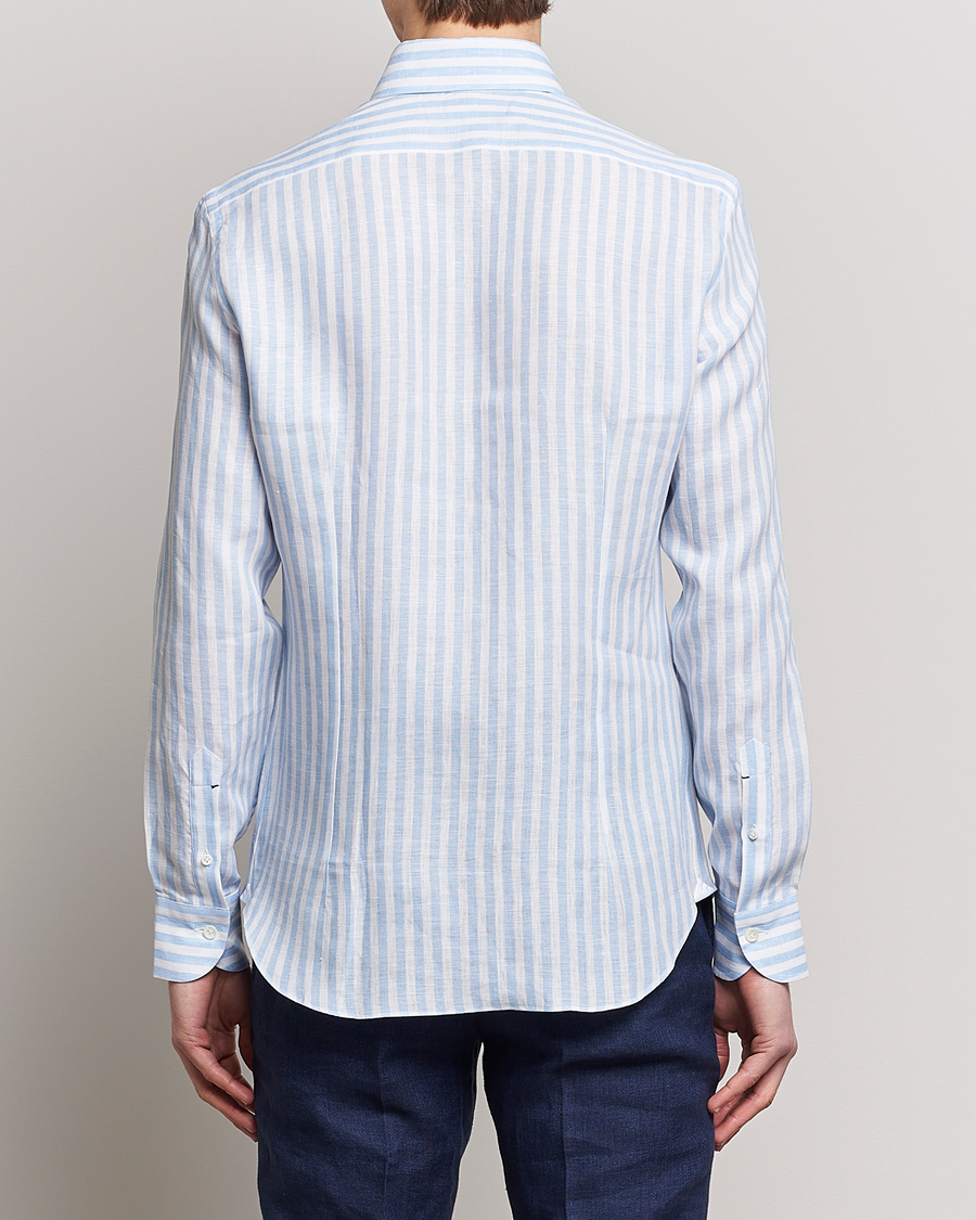 Heren | Overhemden | Mazzarelli | Soft Linen Button Down Shirt Light Blue Stripe