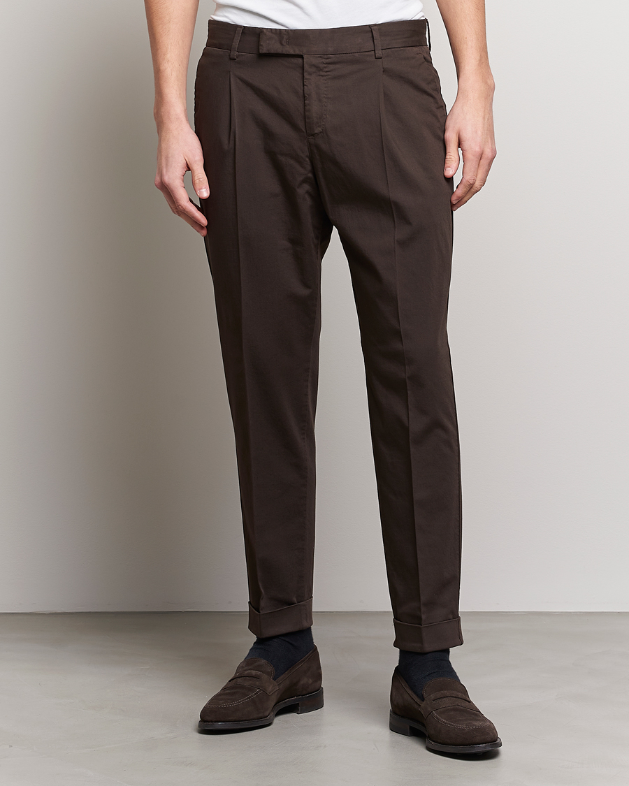 Heren | Broeken | PT01 | Slim Fit Pleated Linen Blend Trousers Chocolate
