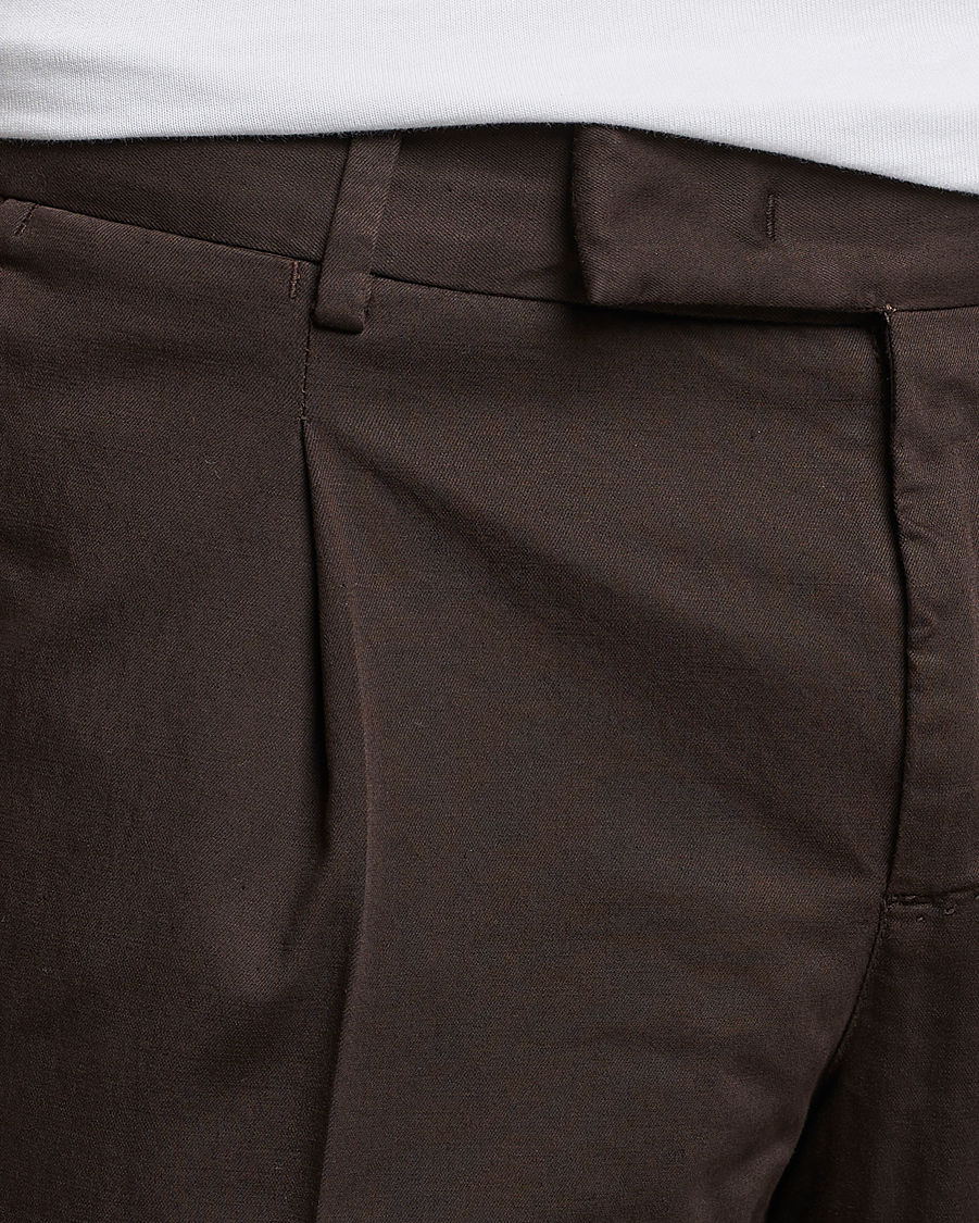 Heren | Broeken | PT01 | Slim Fit Pleated Linen Blend Trousers Chocolate