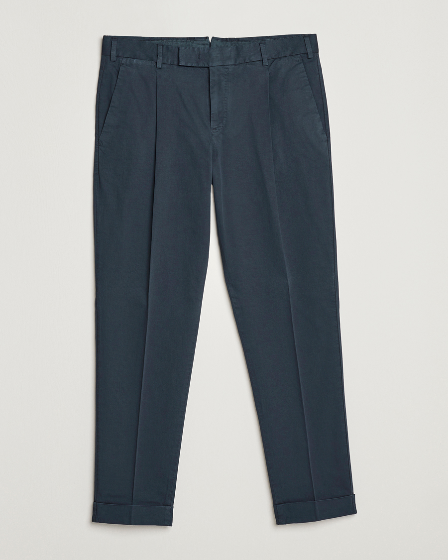 Heren | Broeken | PT01 | Slim Fit Pleated Linen Blend Trousers Navy