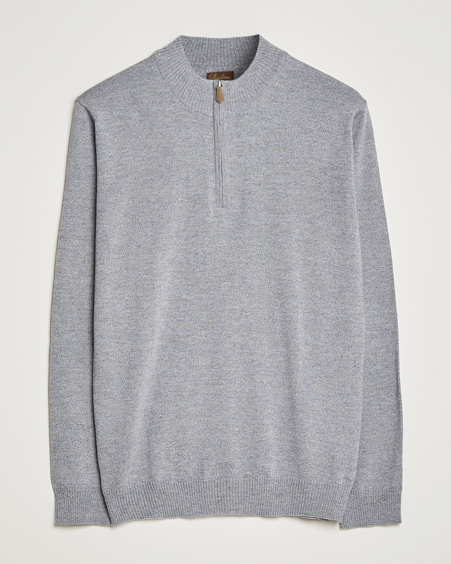 Heren | Truien | Stenströms | Merino Wool Half Zip Grey Mouliné