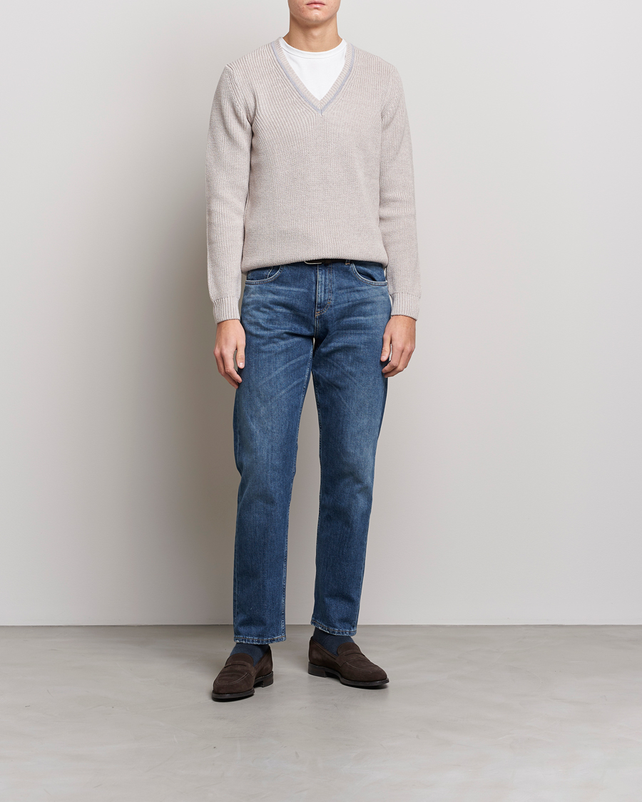 Heren | Truien | Stenströms | Merino Heavy Knitted V-Neck Beige
