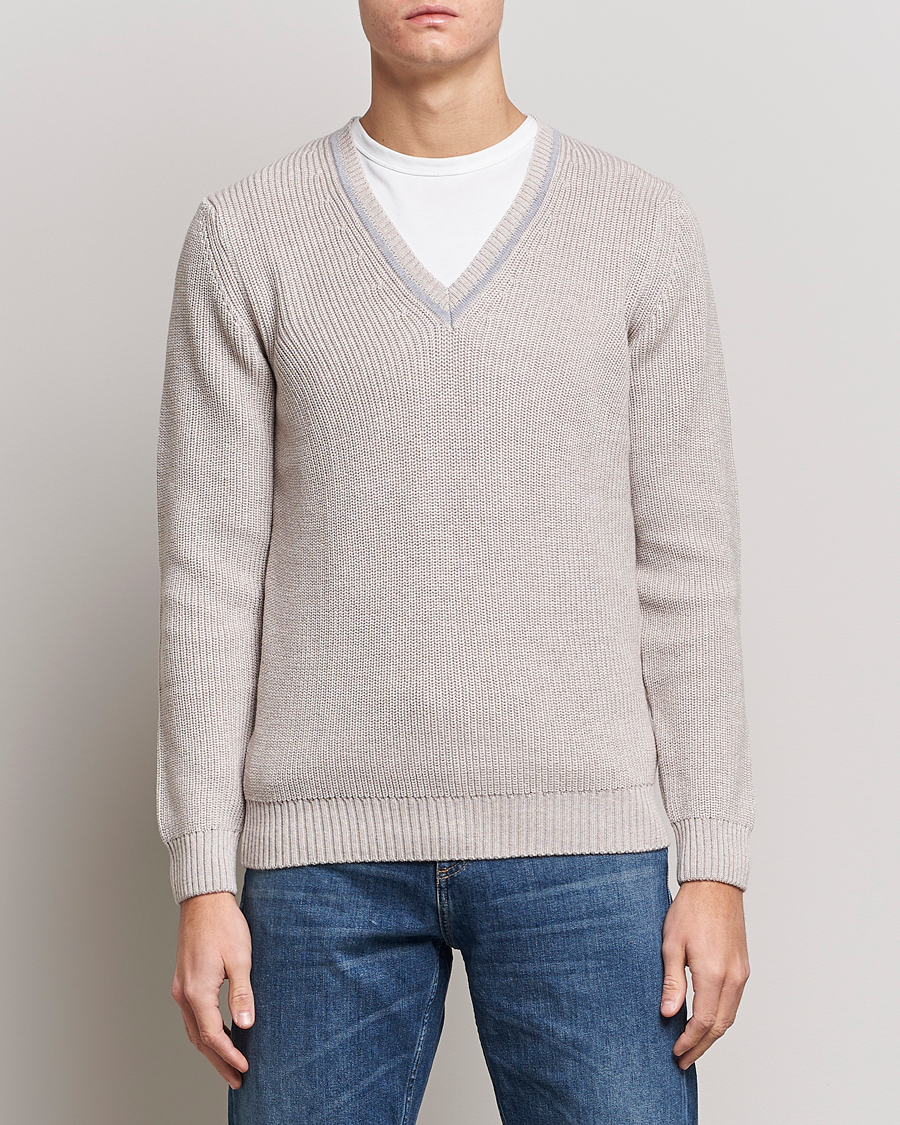 Heren | Truien | Stenströms | Merino Heavy Knitted V-Neck Beige