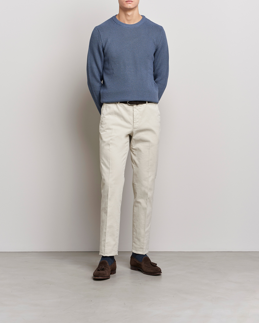 Heren | Truien | Stenströms | Merino Heavy Knitted Crew Neck Petrol Blue