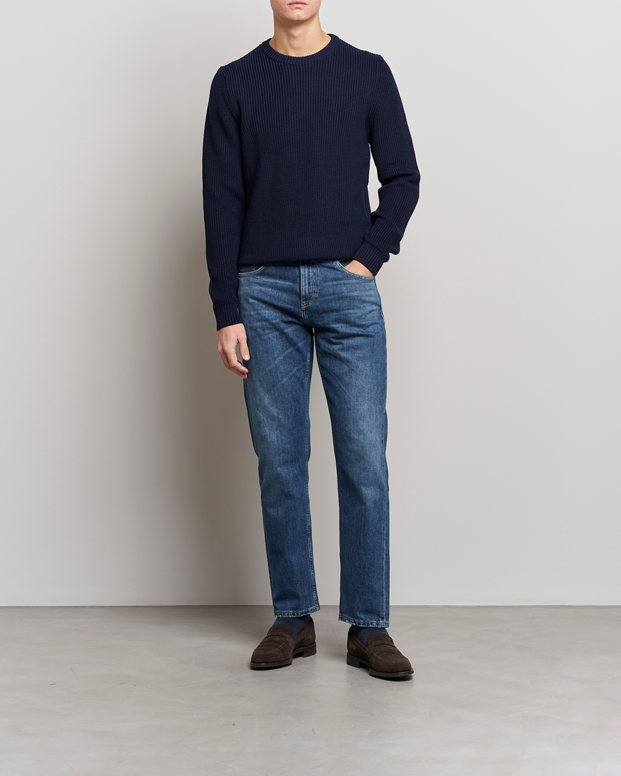Heren | Truien | Stenströms | Merino Heavy Knitted Crew Neck Navy