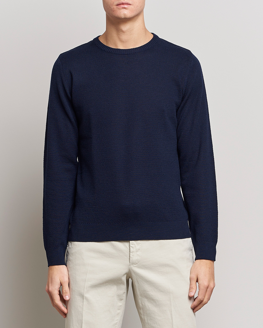 Heren | Truien | Stenströms | Textured Merino Crew Neck Navy