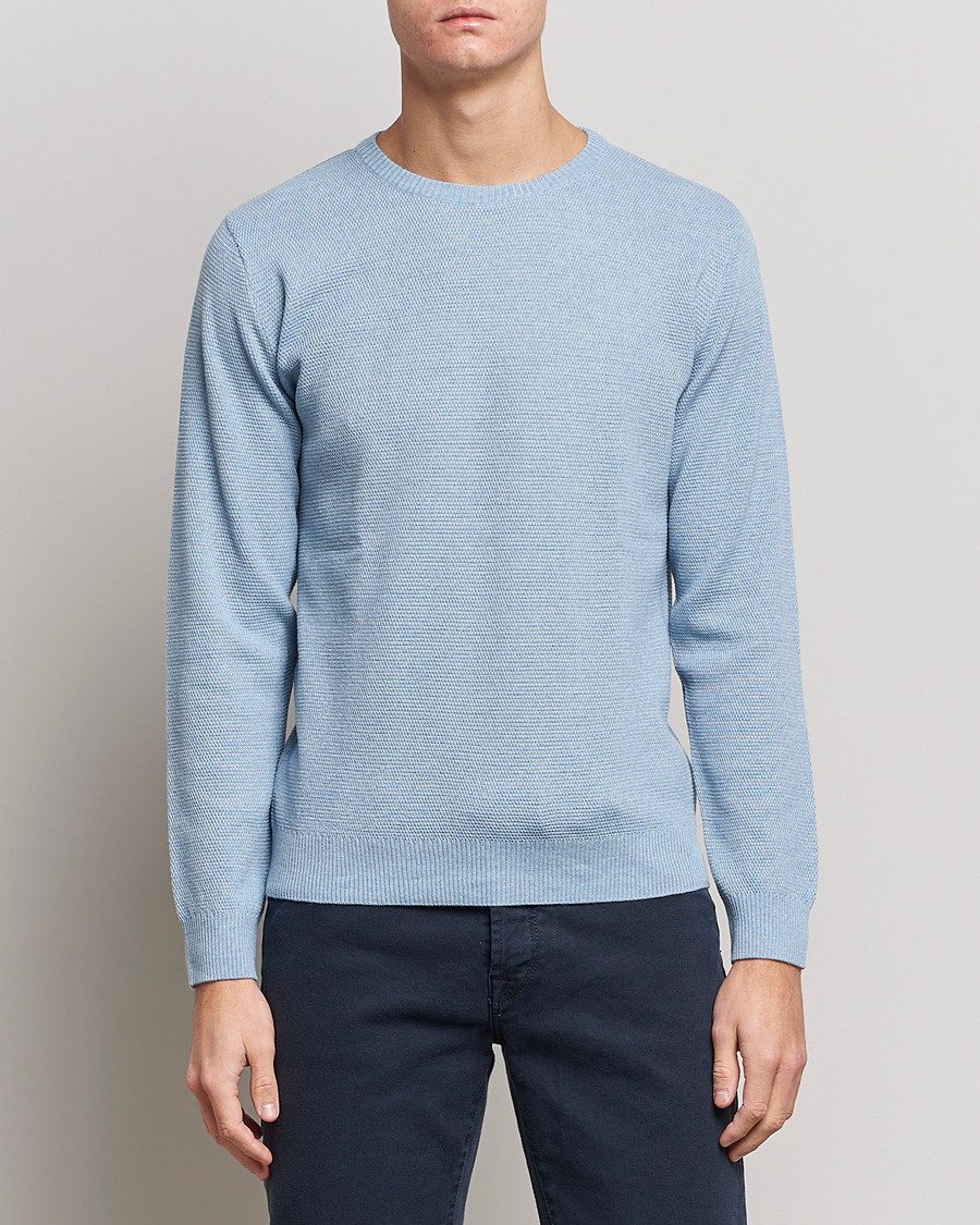 Heren | Truien | Stenströms | Textured Merino Crew Neck Light Blue