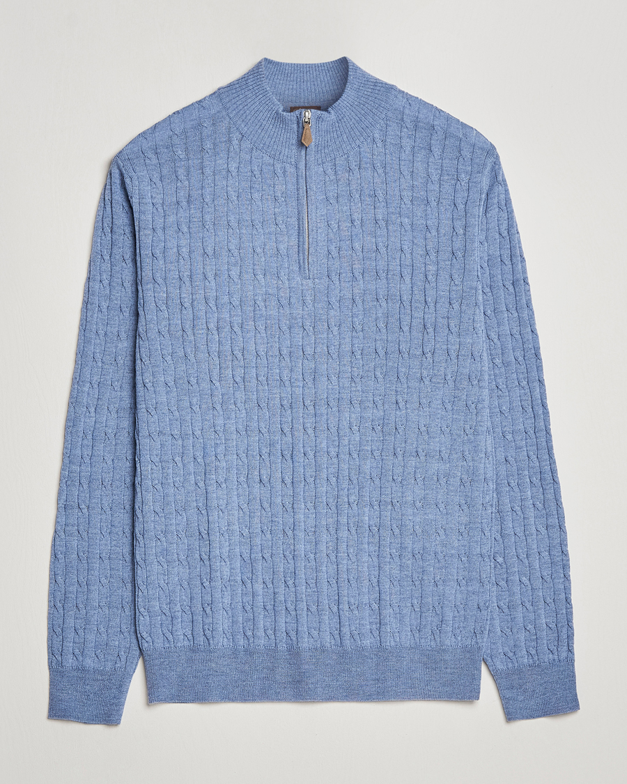 Heren | Truien | Stenströms | Merino Cable Half Zip Light Blue