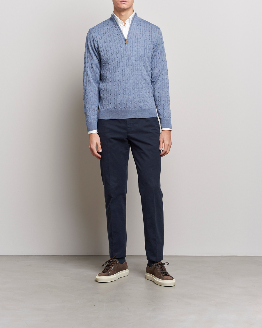 Heren | Truien | Stenströms | Merino Cable Half Zip Light Blue