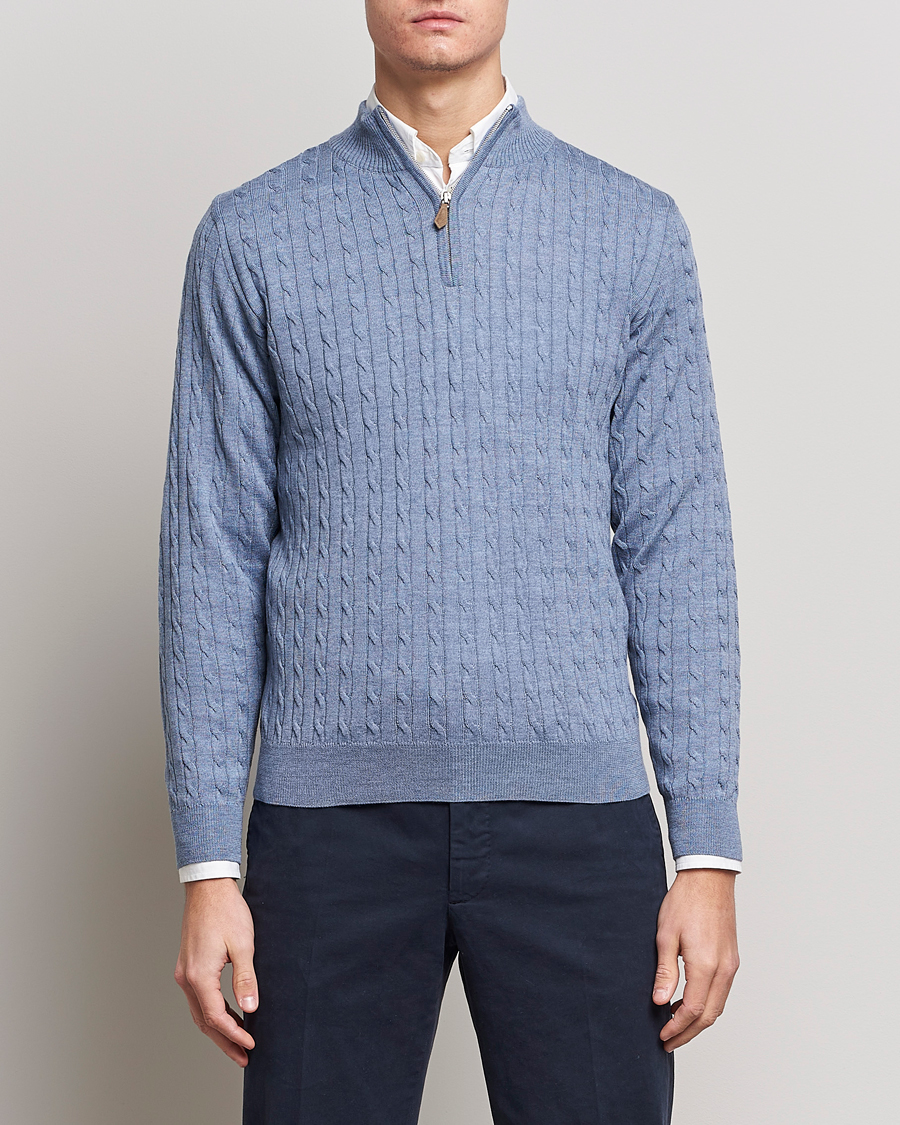 Heren | Truien | Stenströms | Merino Cable Half Zip Light Blue