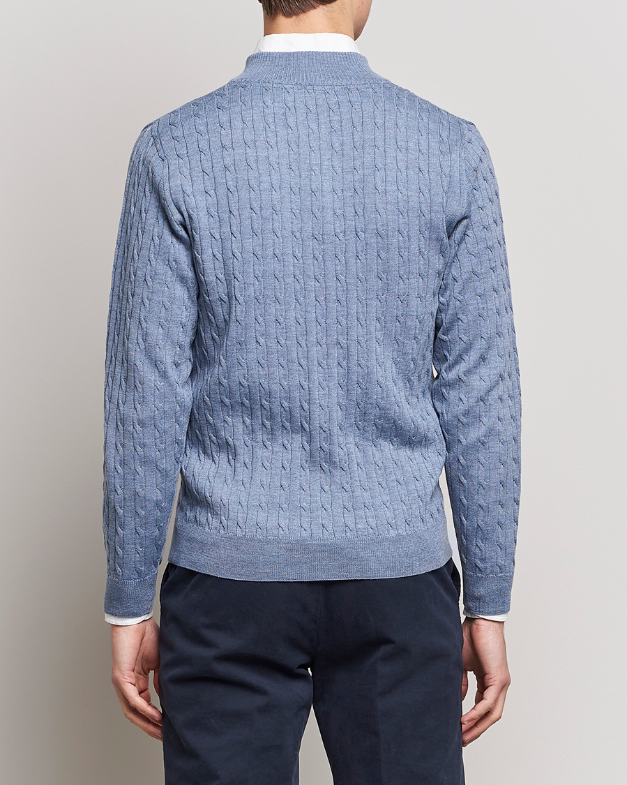 Heren | Truien | Stenströms | Merino Cable Half Zip Light Blue