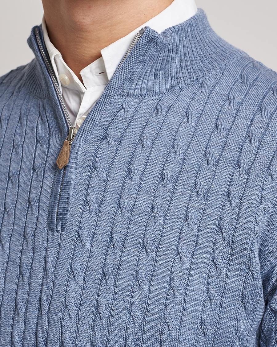 Heren | Truien | Stenströms | Merino Cable Half Zip Light Blue