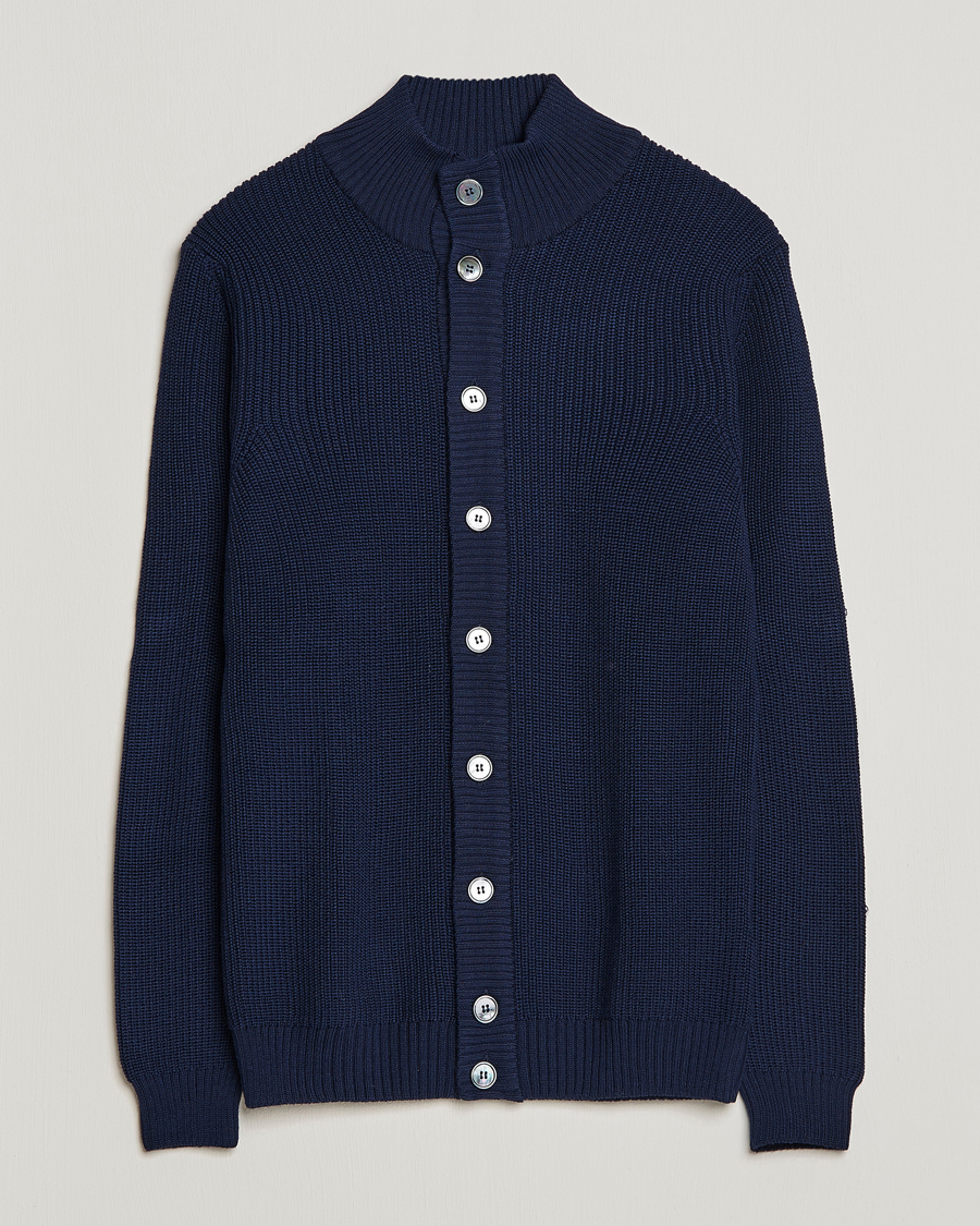 Heren | Truien | Stenströms | Half Card Heavy Merino Cardigan Navy