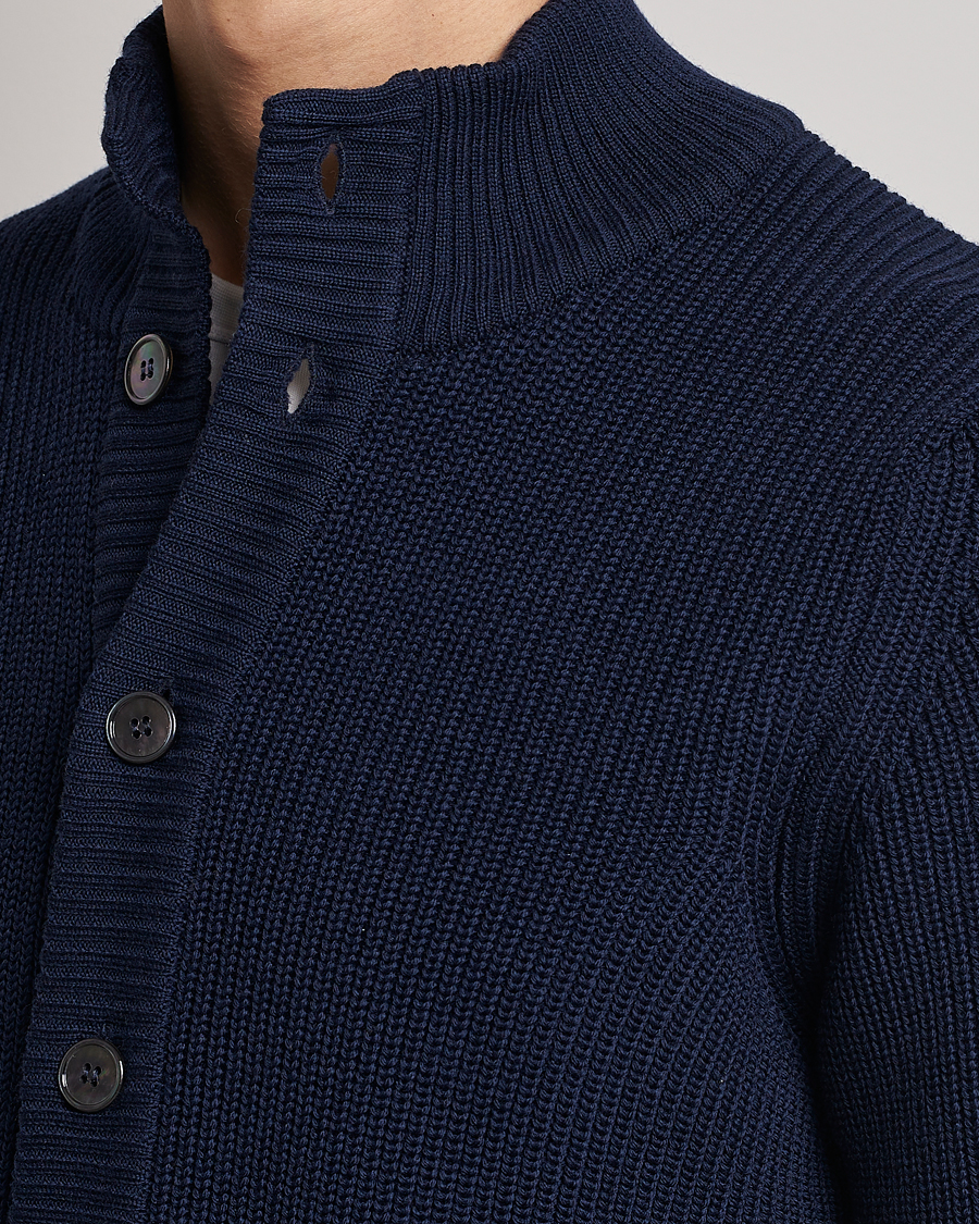 Heren | Truien | Stenströms | Half Card Heavy Merino Cardigan Navy