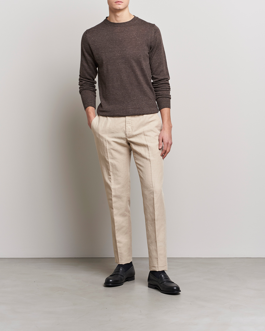Heren | Truien | Stenströms | Merino/Linen Crew Neck Brown
