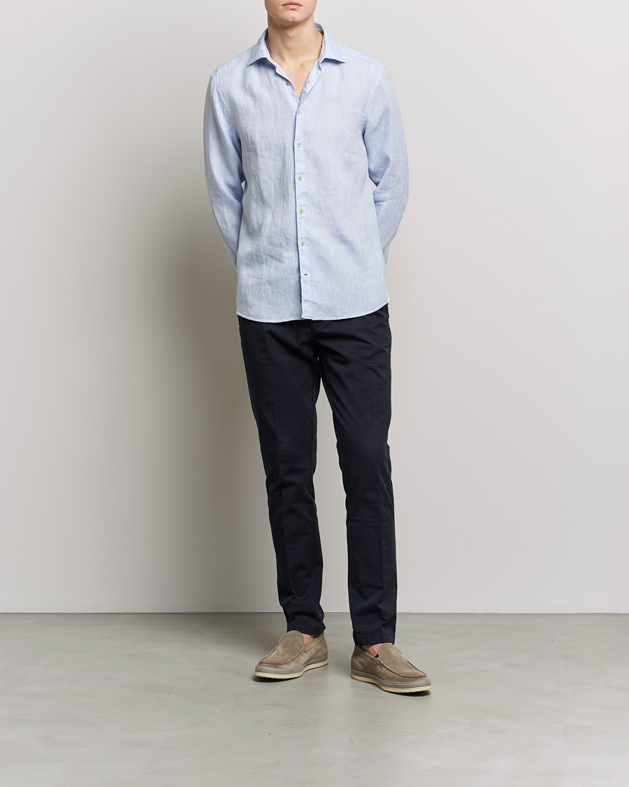 Heren | Overhemden | Stenströms | Slimline Cut Away Linen Shirt Light Blue