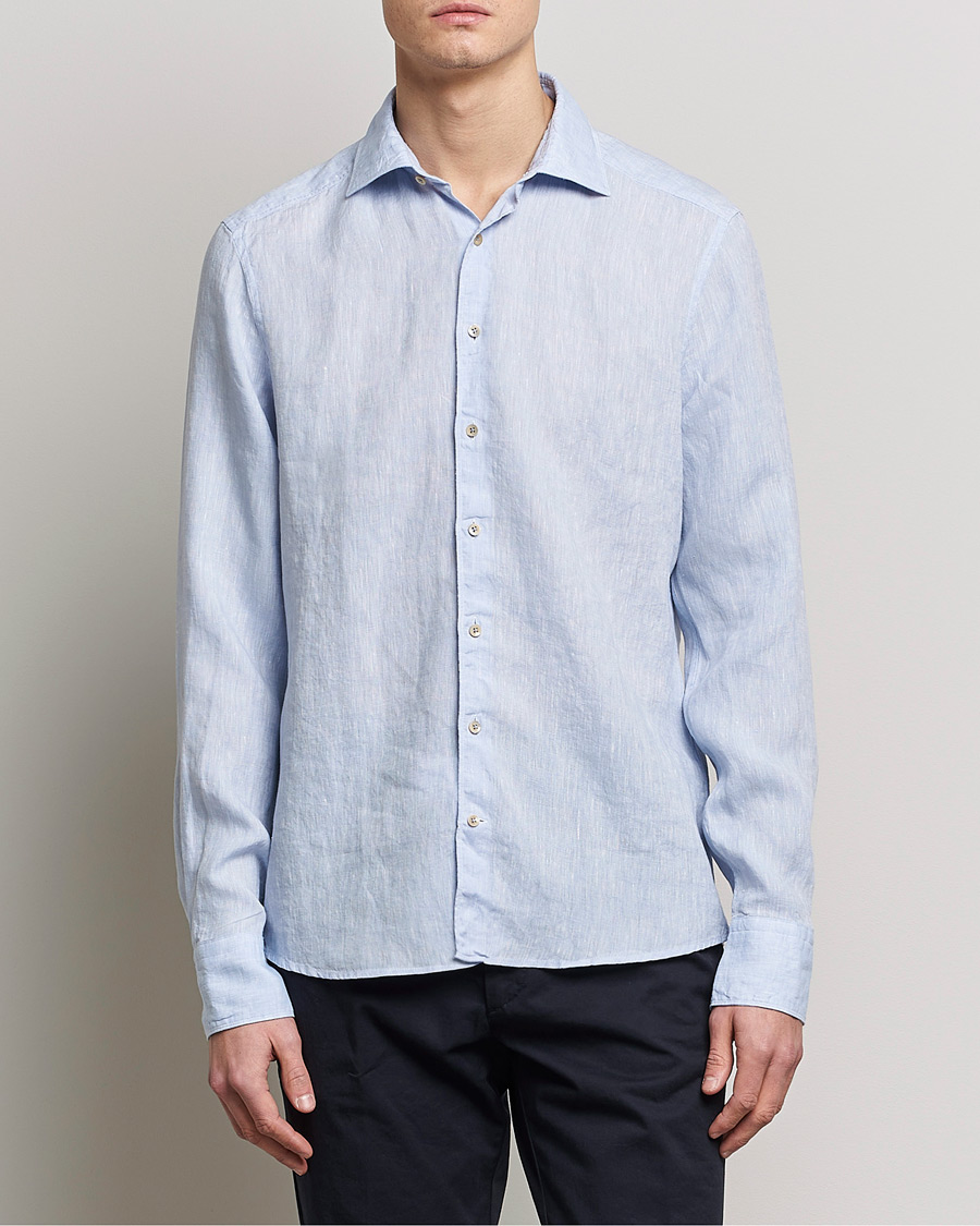 Heren | Overhemden | Stenströms | Slimline Cut Away Linen Shirt Light Blue