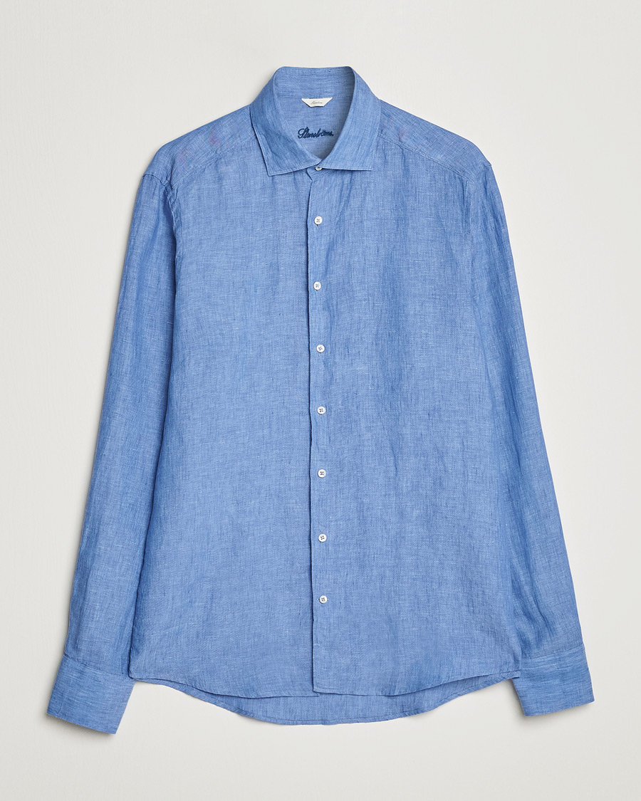 Heren | Overhemden | Stenströms | Slimline Cut Away Linen Shirt Mid Blue